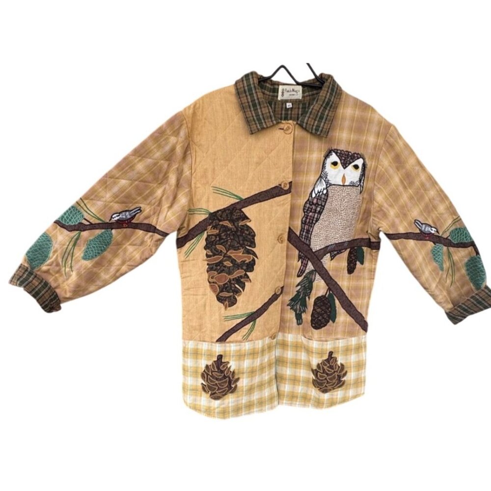 Patch Magic Quilted Owl & Pinecone Plaid Jacket Medium Cotton Blend Rustic Desig